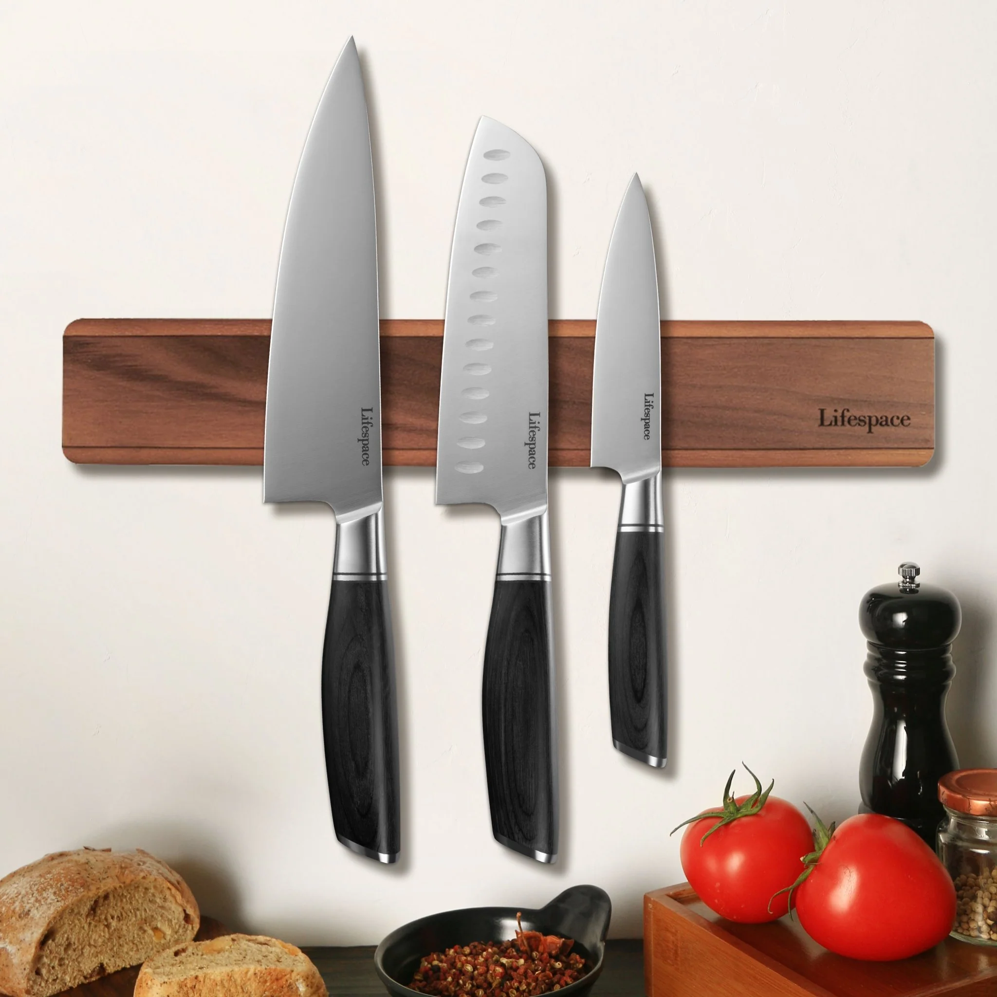 Lifespace Premium Walnut Wall Mount Magnetic Knife Rack with Strong Magnets