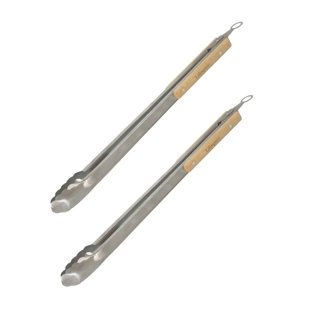 Lifespace Quality Stainless Steel Braai & Salad Tongs with Wood Handle - 40cm (2-Pack)