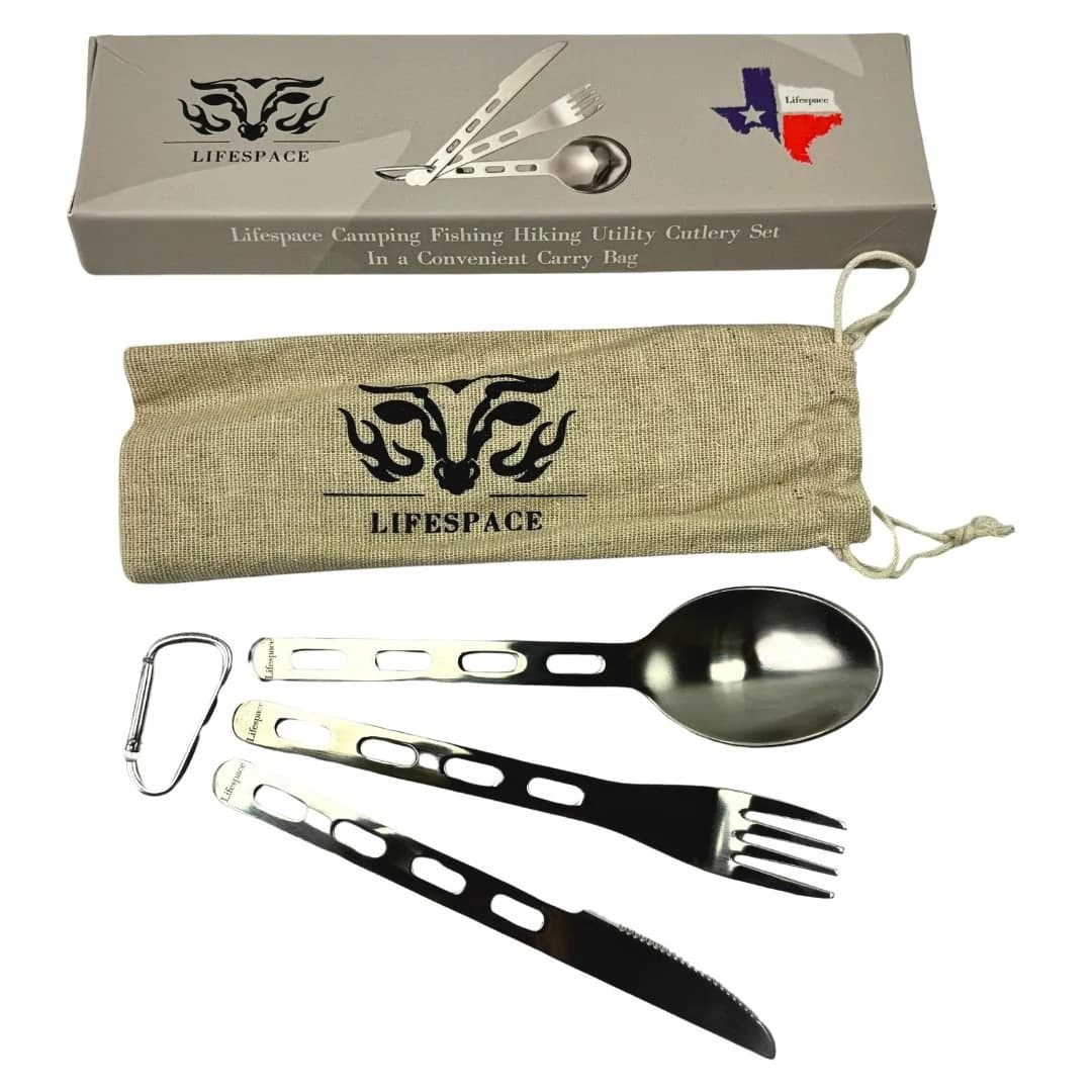 Lifespace Stainless Steel Camping Fishing Hiking Utility Cutlery Set w/ Bag & Carabiner
