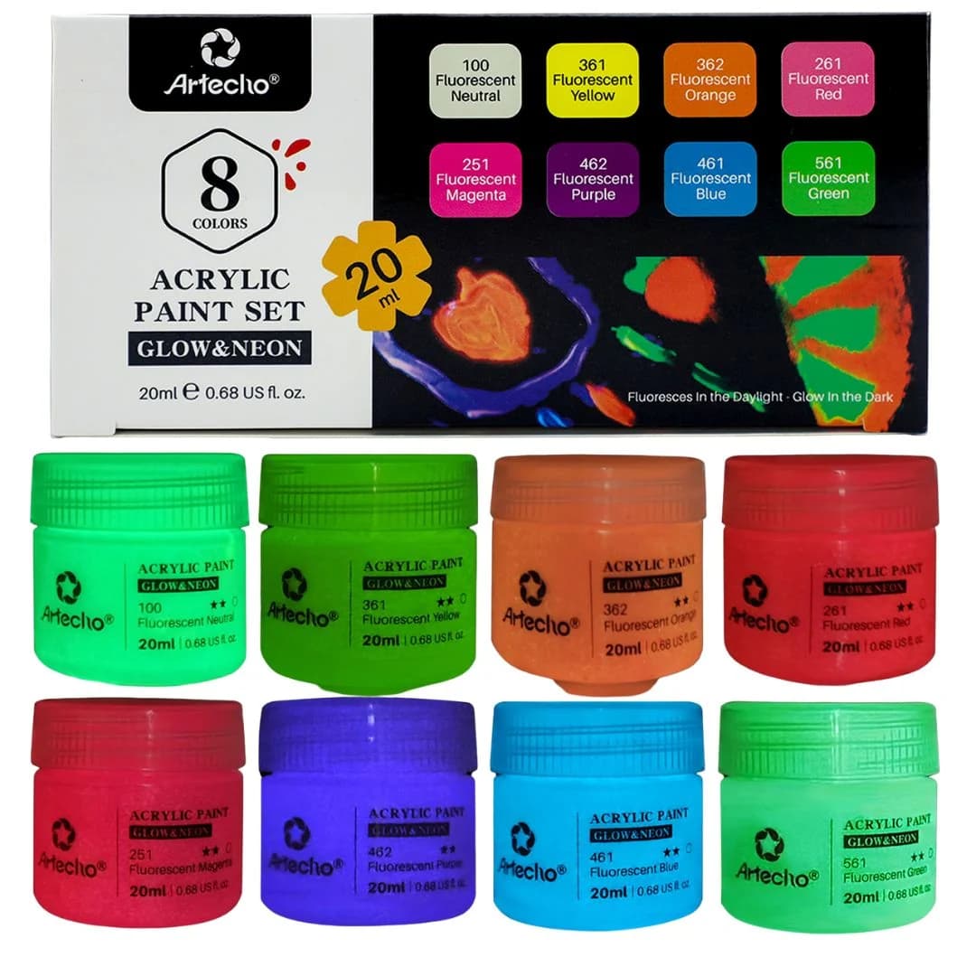 Artecho 8 colour Neon UV Glow in the Dark Acrylic Paint Set (20ml)