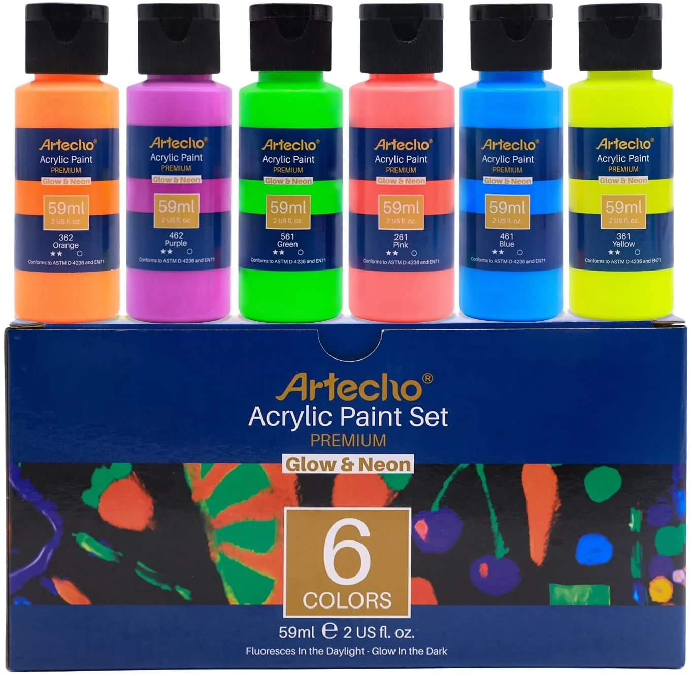 Artecho Neon and Glow in the Dark Paint - Set of 6 Colours, 60ml Acrylic Paints