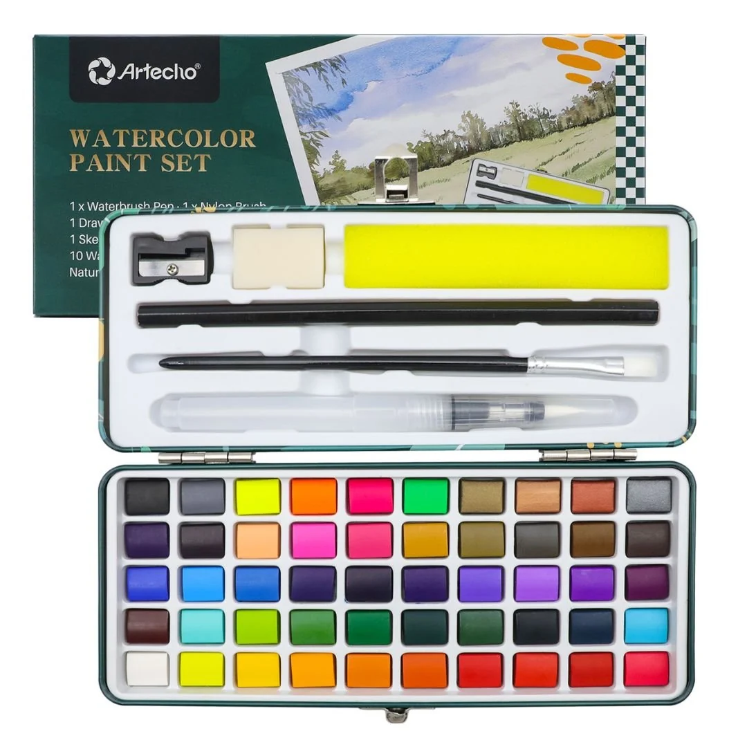 Artecho Professional 50 Watercolour Paint Set in Tin Case with Accessories