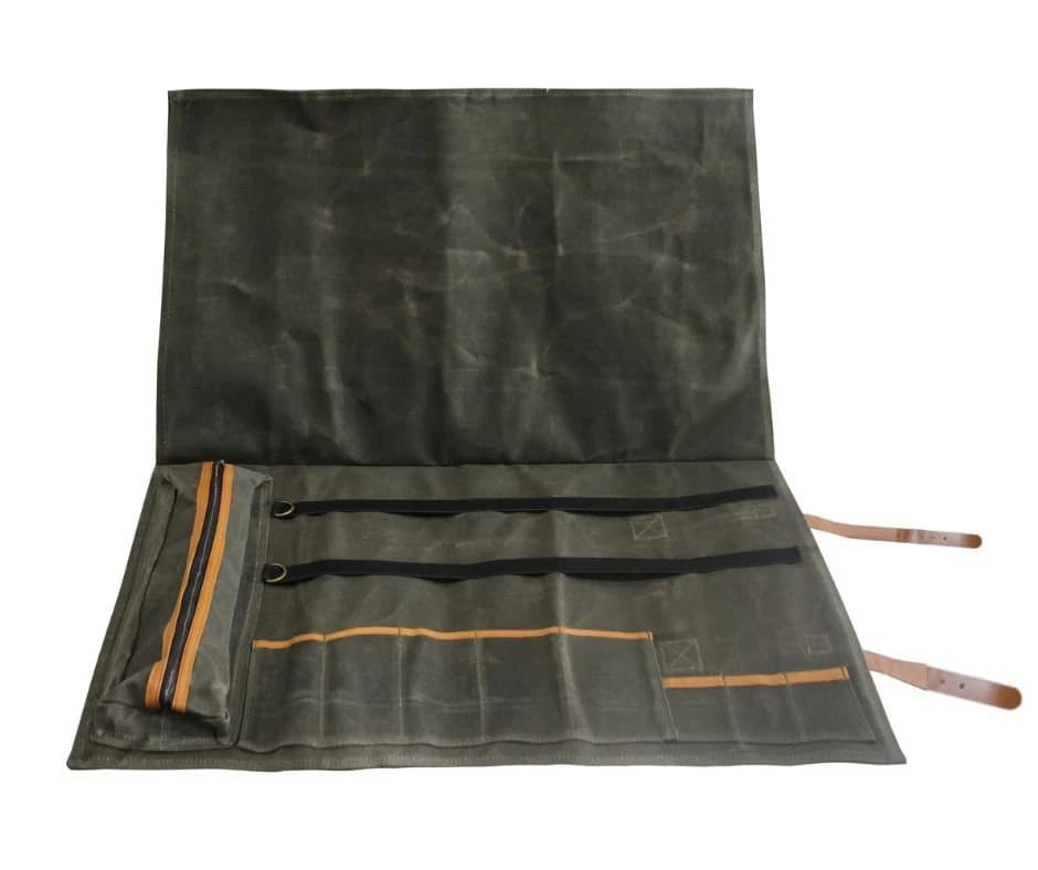 Lifespace Premium Leather & Waxed Canvas Utensil & Knife Roll - 8 Slots & Zip Pouch