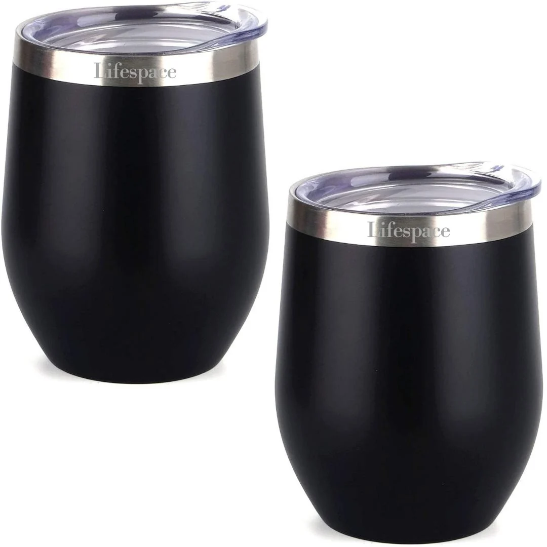 Lifespace Premium Stainless Steel Matt Black Double Walled Wine Cups / Mug - Pair