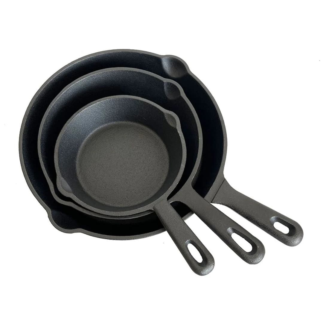 Lifespace Quality 3 Piece Matt Black Cast Iron Skillet Pan Set