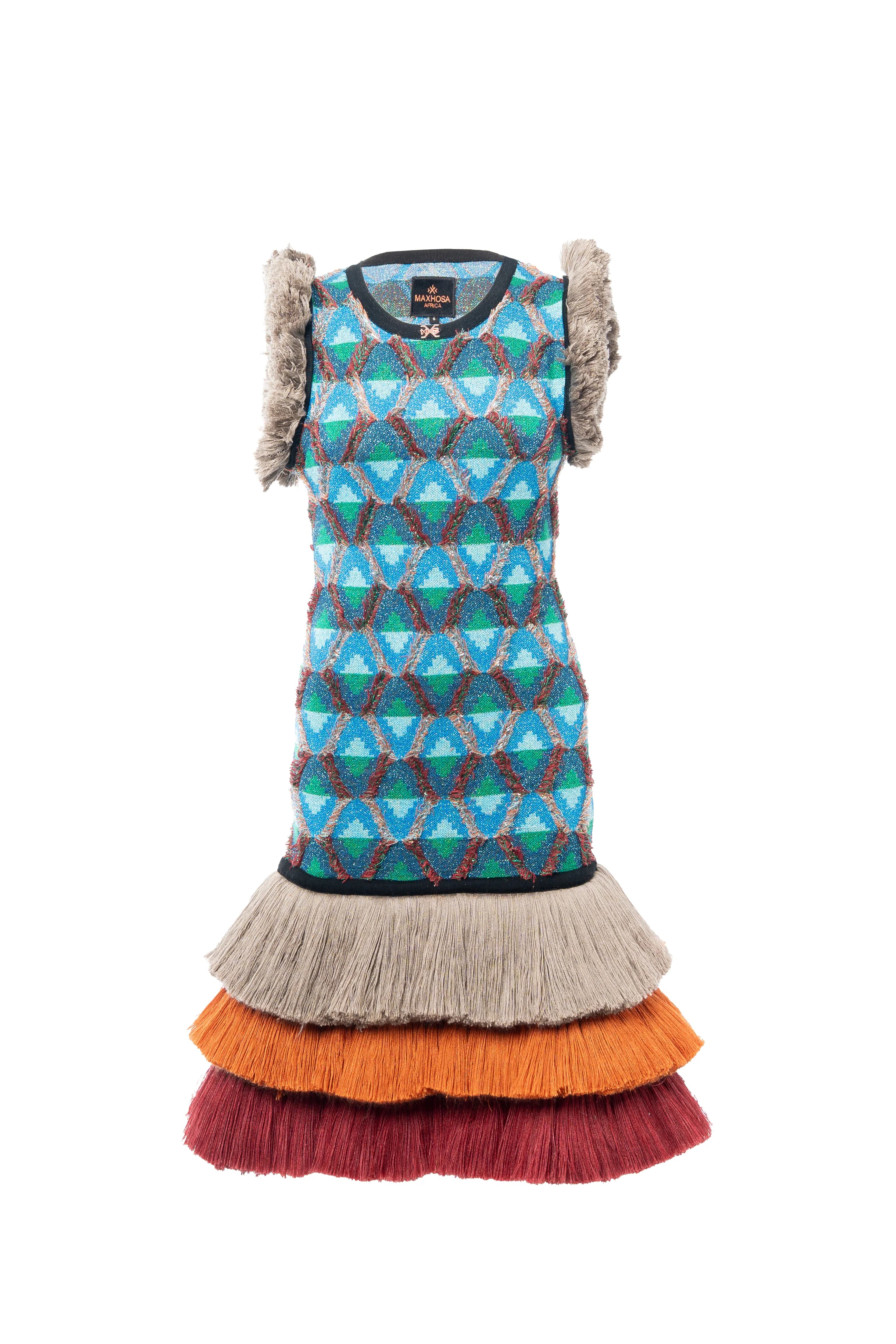 MAXHOSA MLDR70.1 - KNITTED CREWNECK DRESS WITH WOOL FRINGES