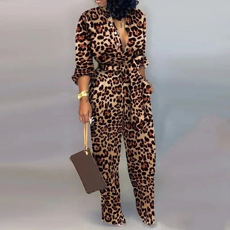 Leopard Tied Waist Long Sleeve Jumpsuit