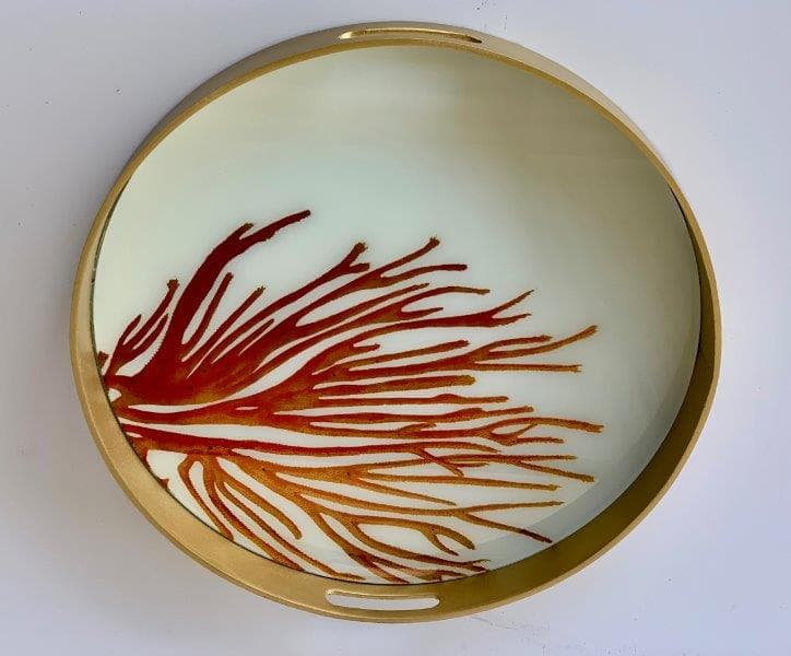 MEDIUM ROUND GOLD EDGE CORAL GLASS TRAY