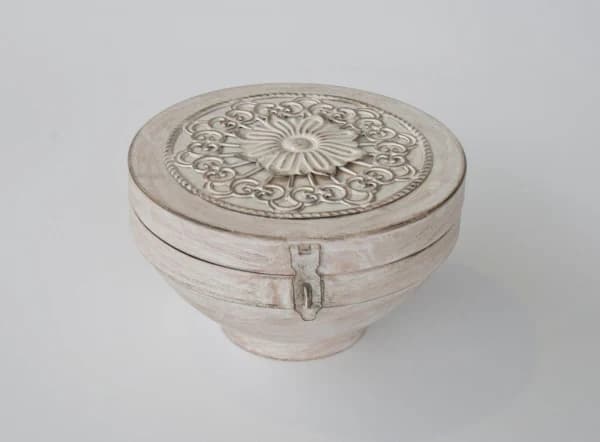 Round White Washed Wood and Metal Ornate Box with