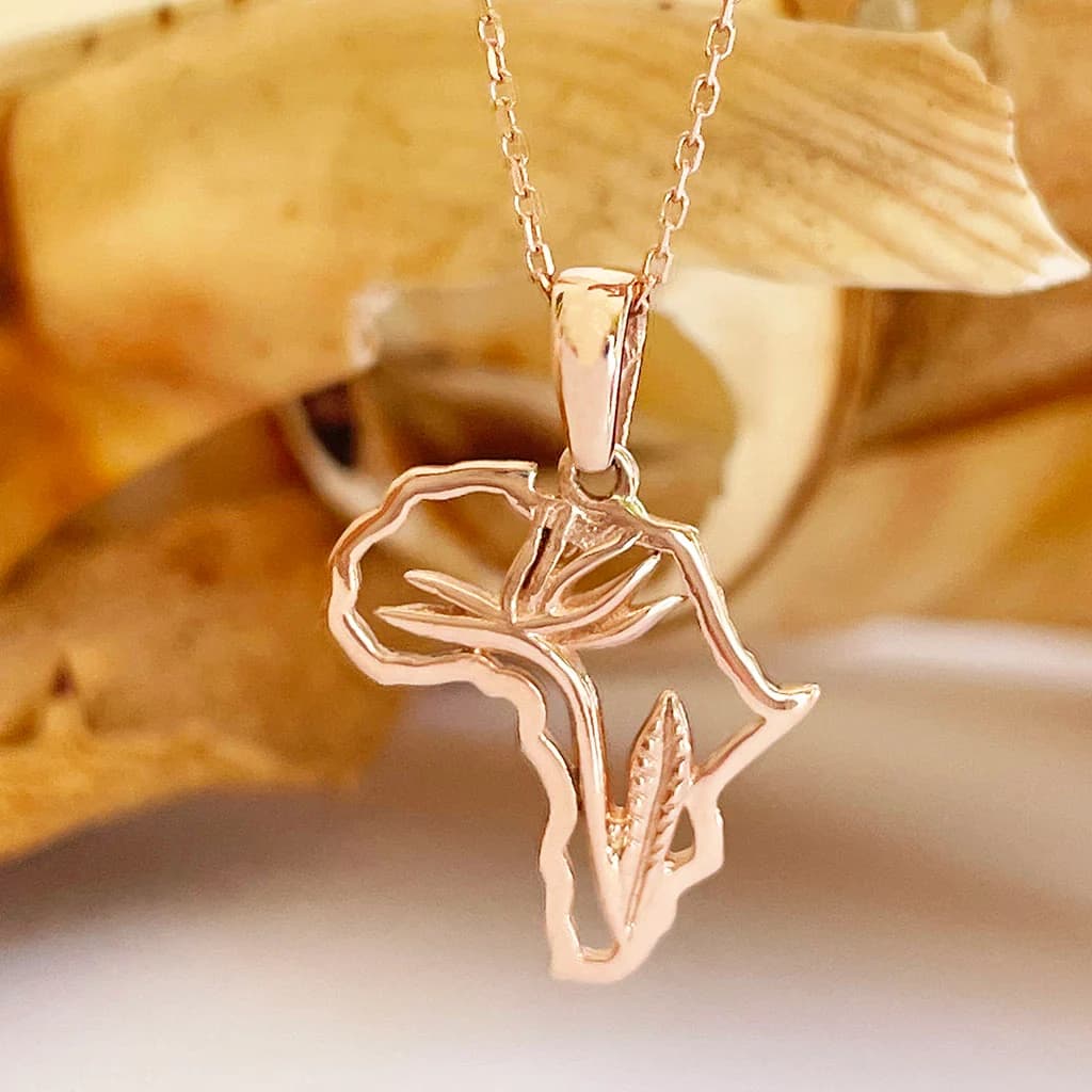 Africa Map Bird of Paradise Rose Gold Pendant