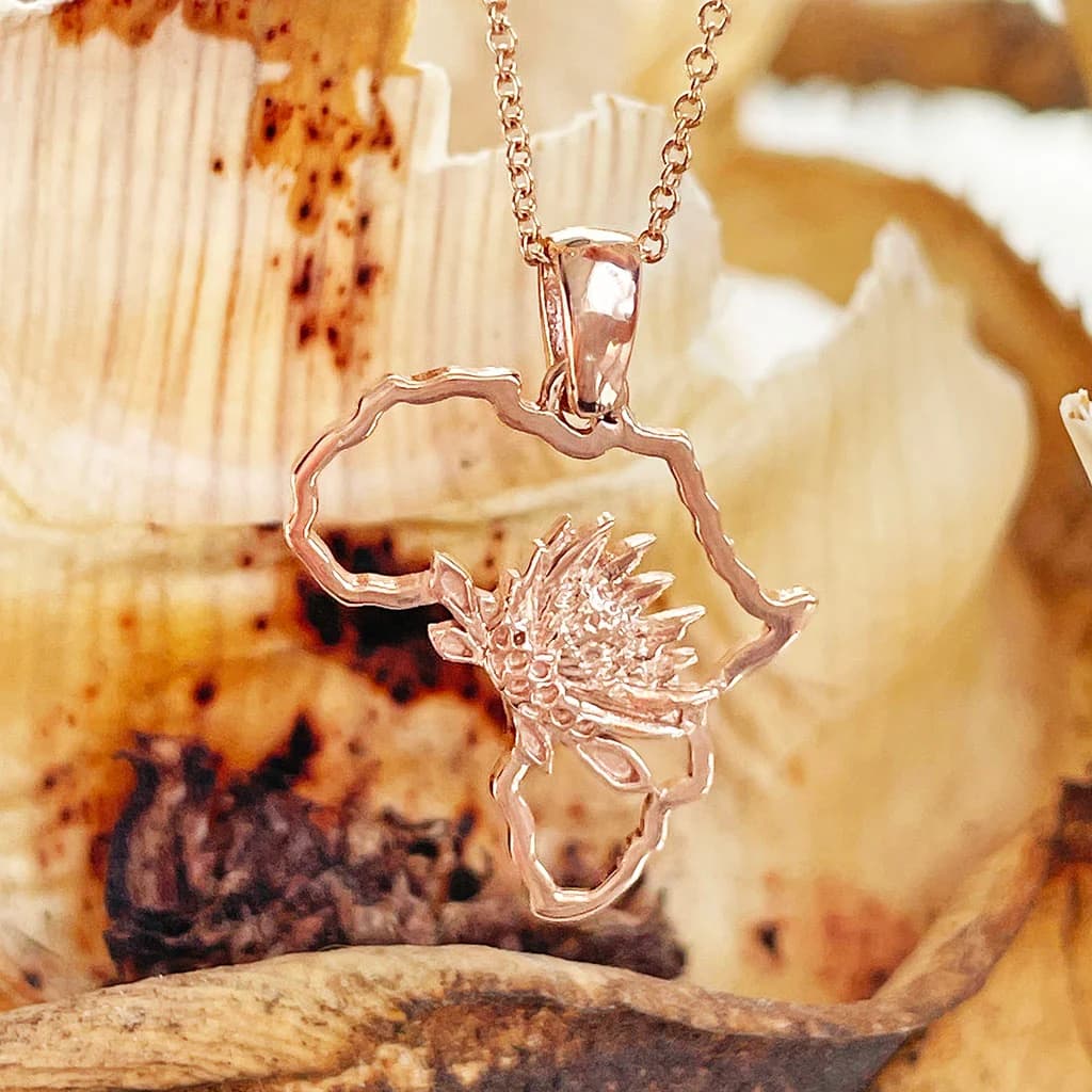 Map of Africa Rose Gold Protea Pendant