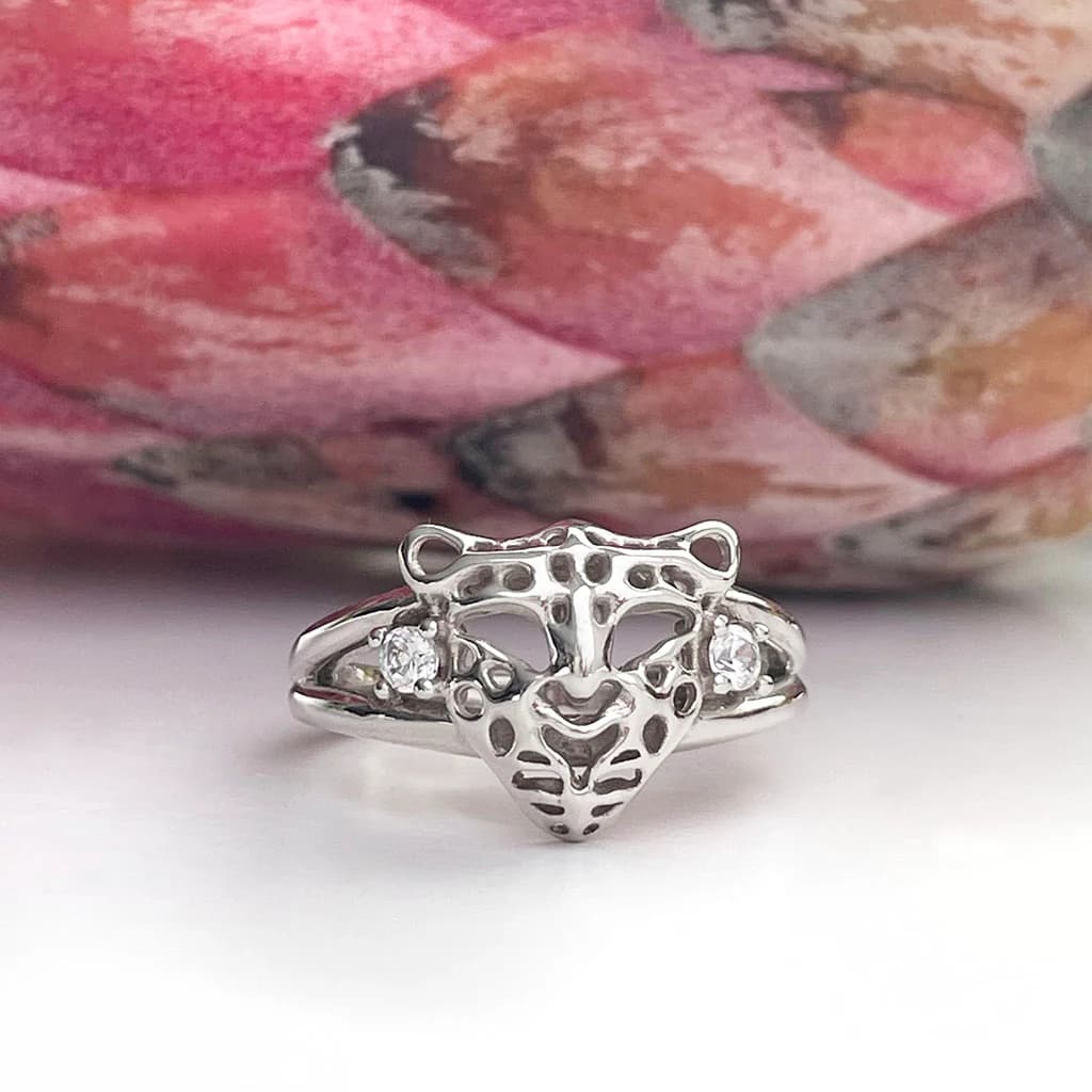 Silver Leopard Head Ring with Cubic Zirconia Accents