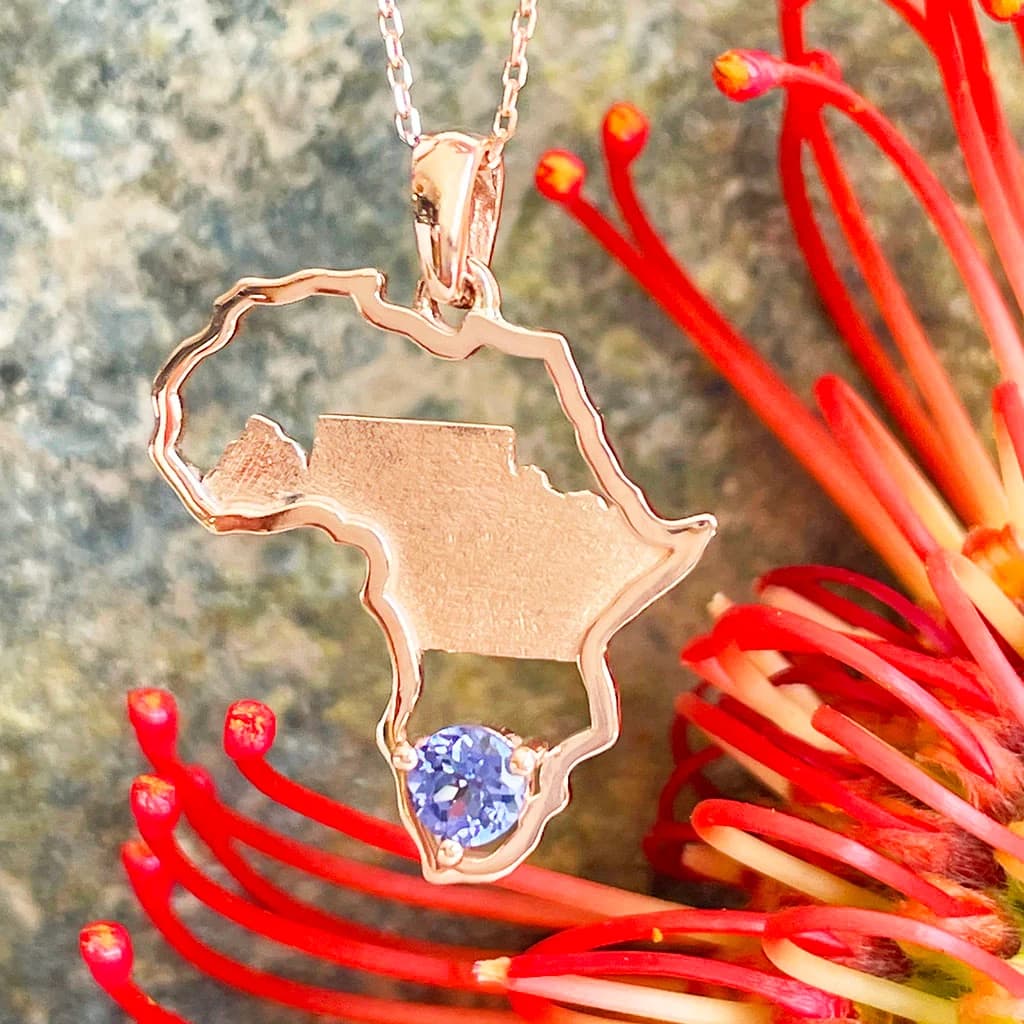 Tanzanite Table Mountain and Africa Map Pendant in Rose Gold