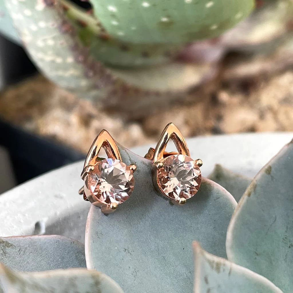 Rose Gold Open V Round Cut Morganite Earrings