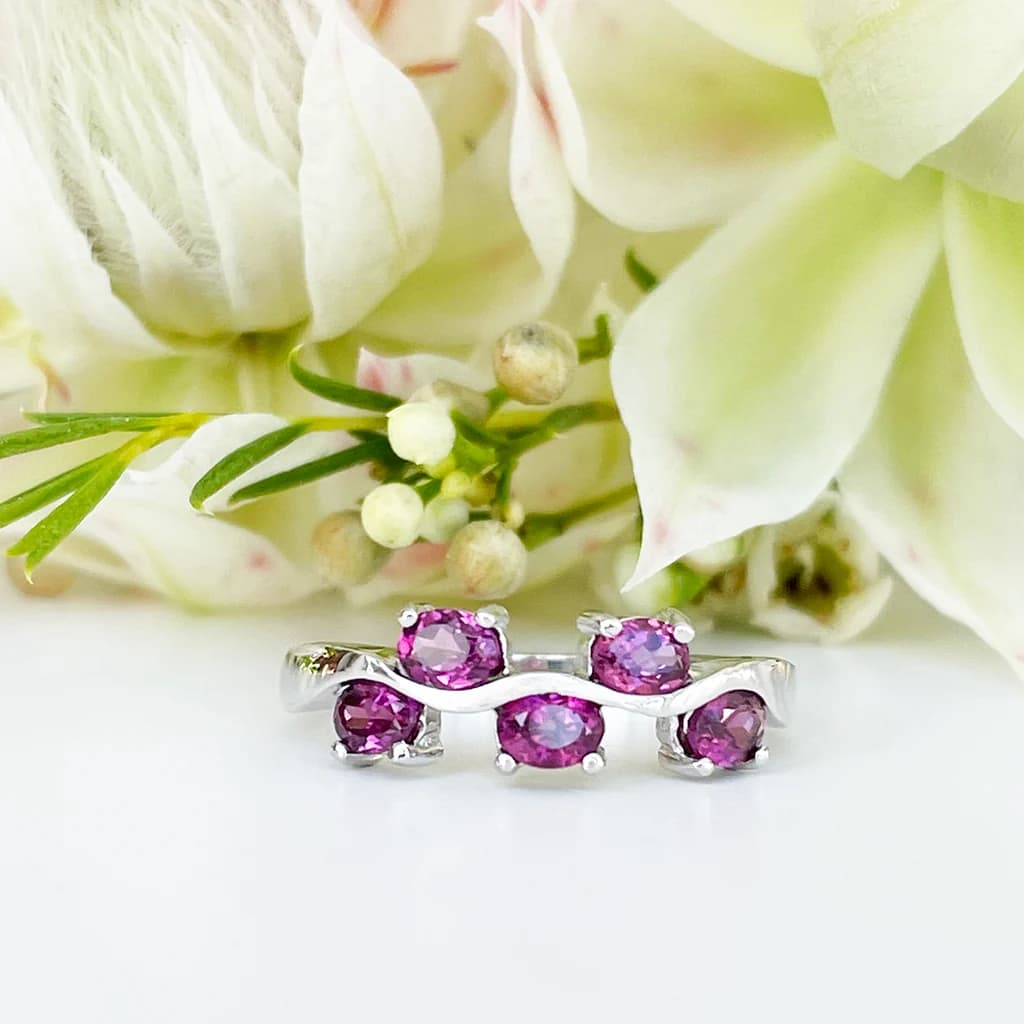 Silver Multiple Oval Rhodolite Wave Ring