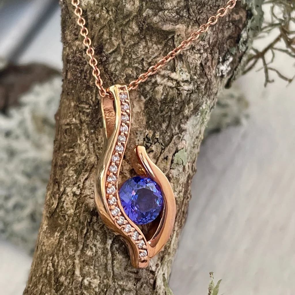 Unique Sensual Tanzanite and Diamond Pave Rose Gold Pendant