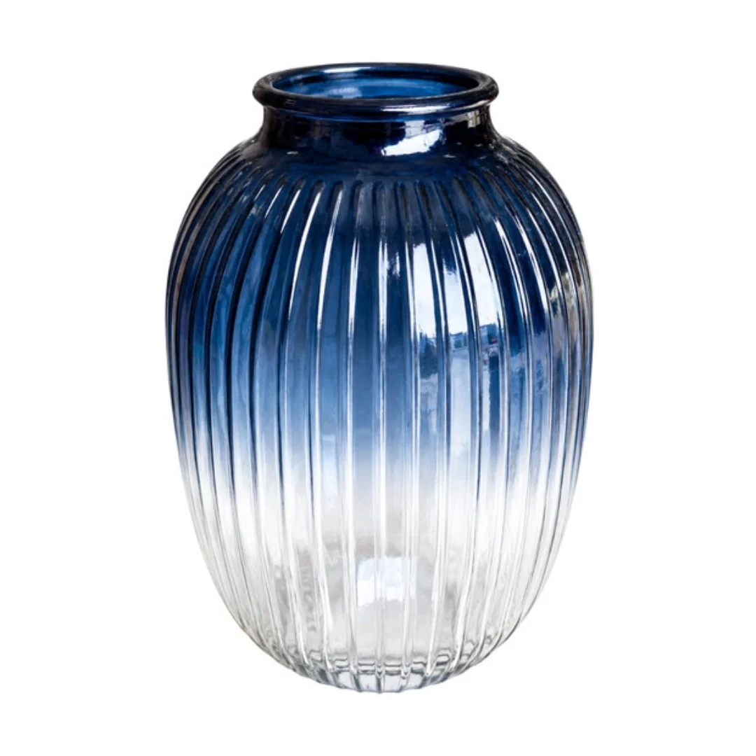 Blue Ombre Ribbed Glass Vase