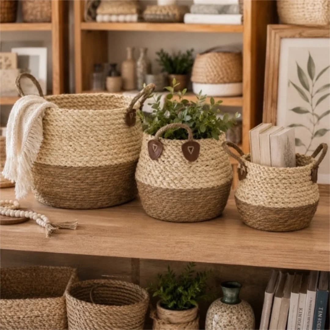 Woven Storage Basket Set of 3 with Handles – Natural Two-Tone