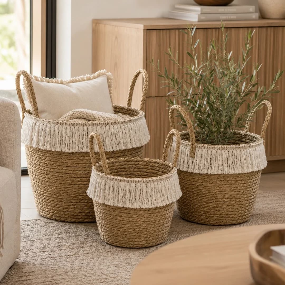 Woven Storage Basket Set of 3 with White Fringe