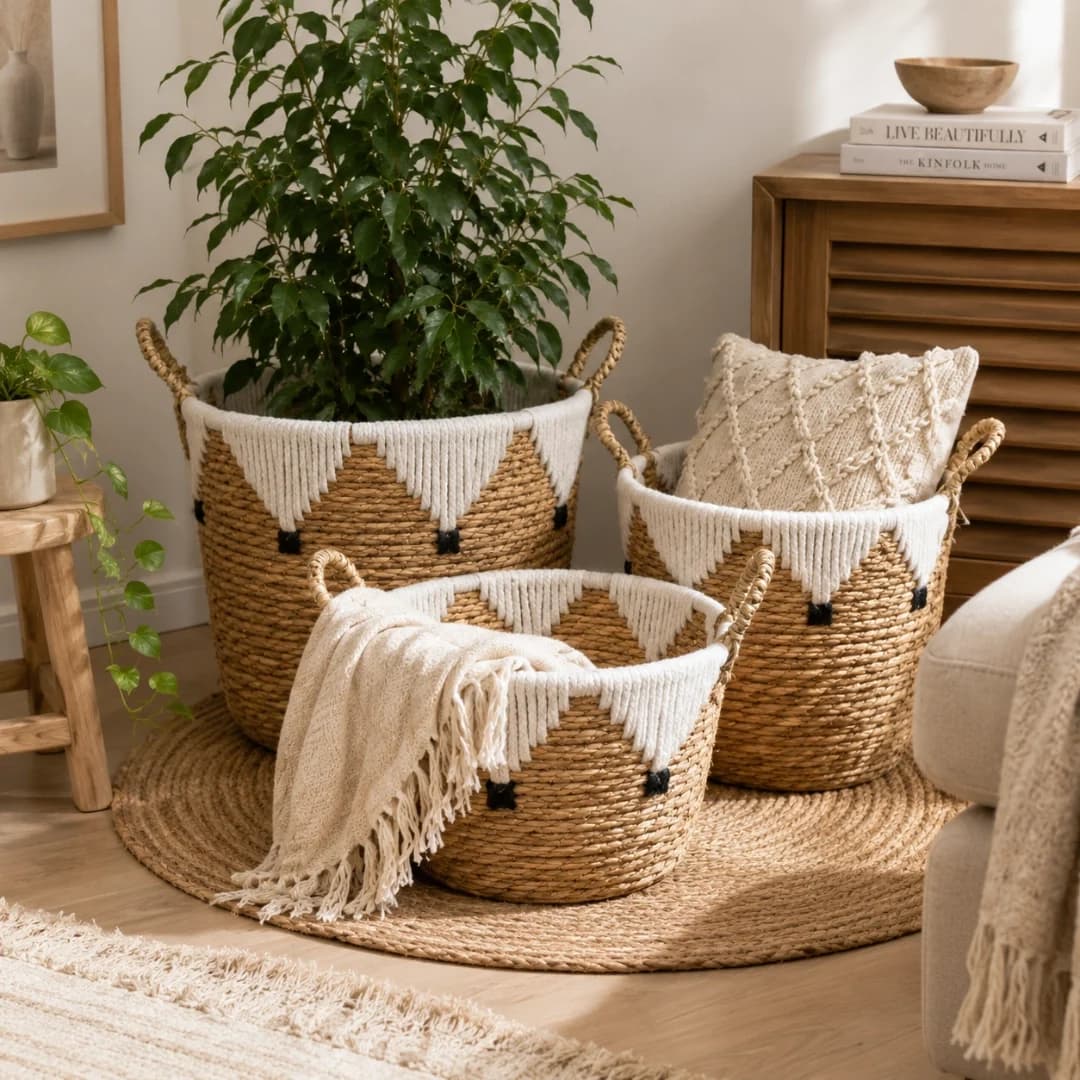 Woven Basket Set of 3 - Natural and White Macramé Detail