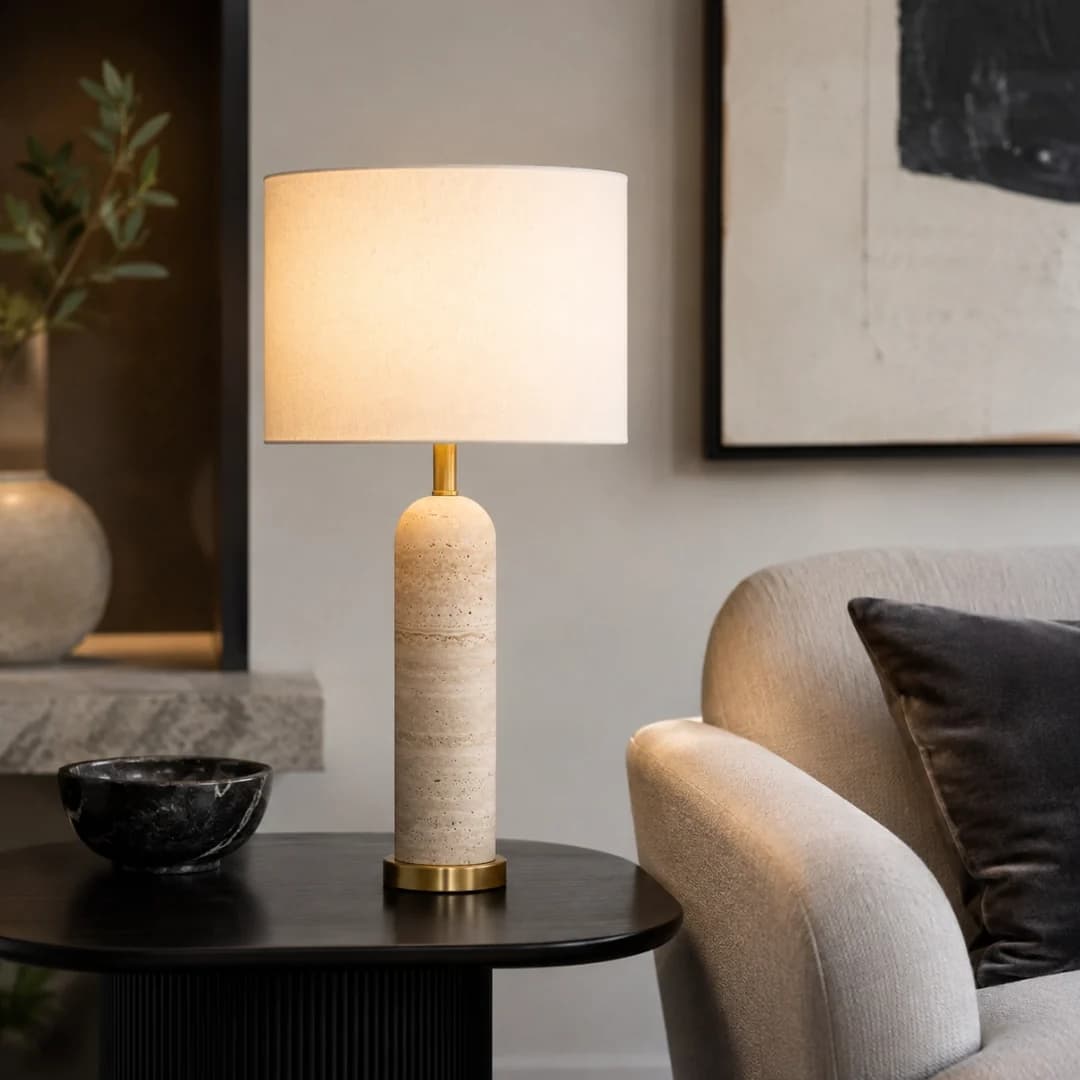 Thea Travertine and Brass Table Lamp
