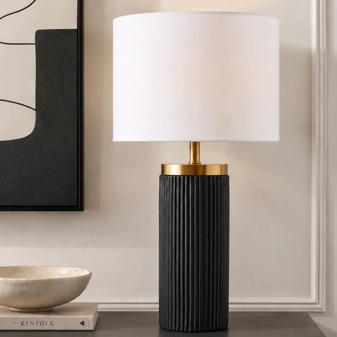 Frida Black Fluted Table Lamp with White Linen Shade
