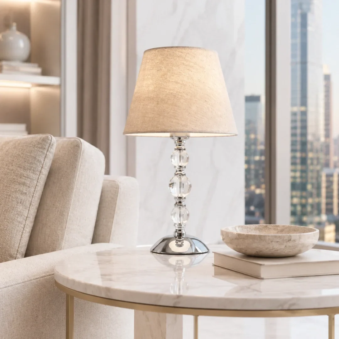 Satin Chrome Crystal Table Lamp with Hessian Shade