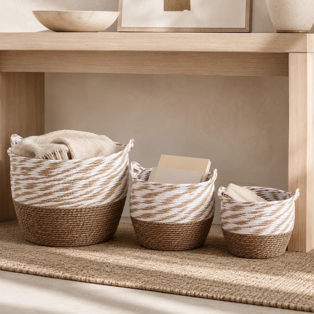 Weaved Baskets Set Of 3 - Brown And White Mix Top