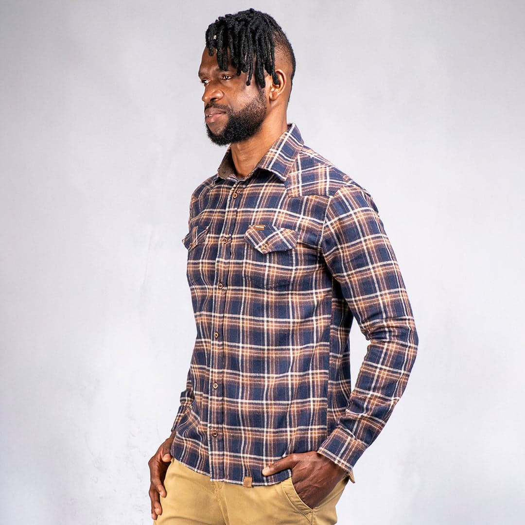 Drill Flannel Long Sleeve Shirt Navy Brown Check