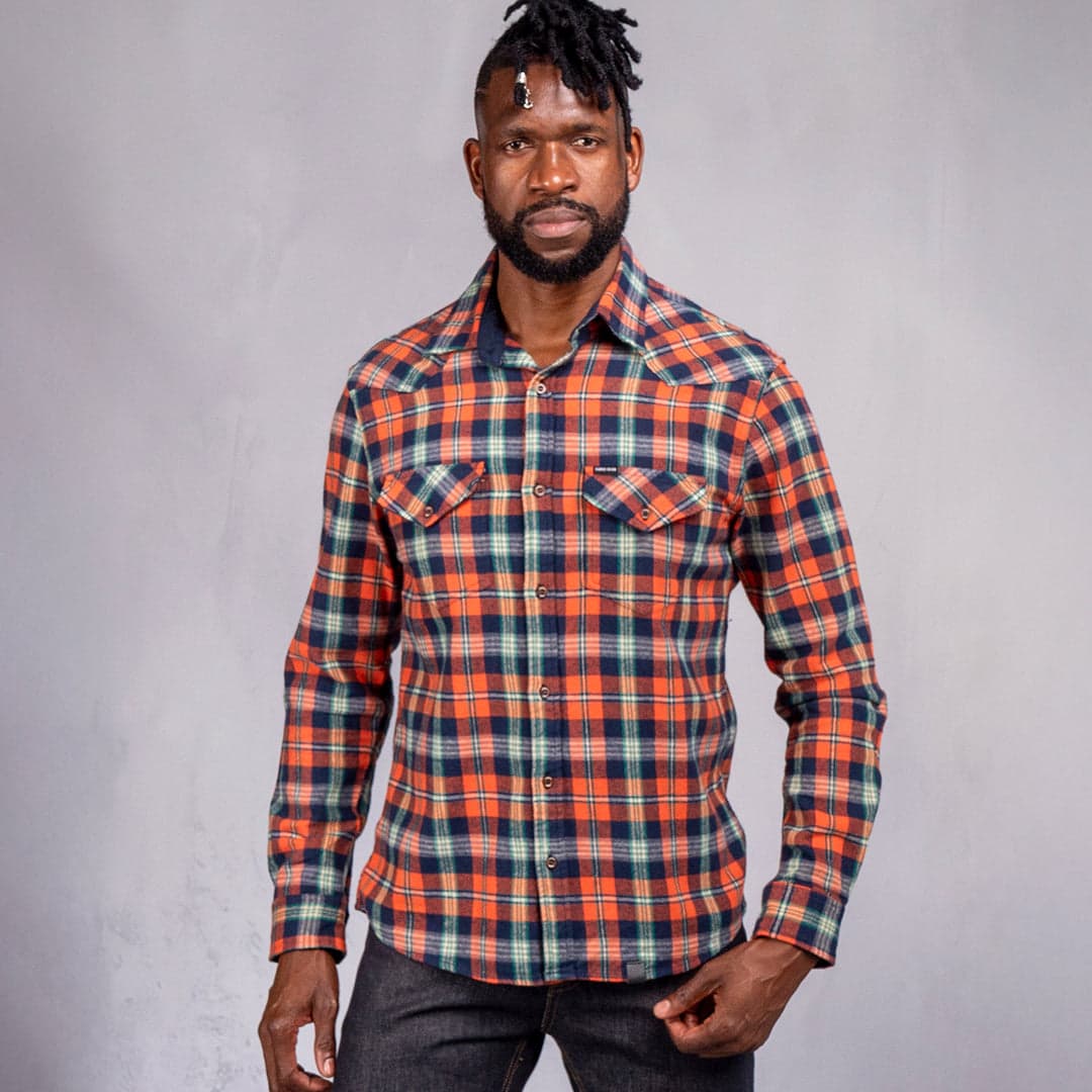 Drill Flannel Long Sleeve Shirt Orange Navy Check