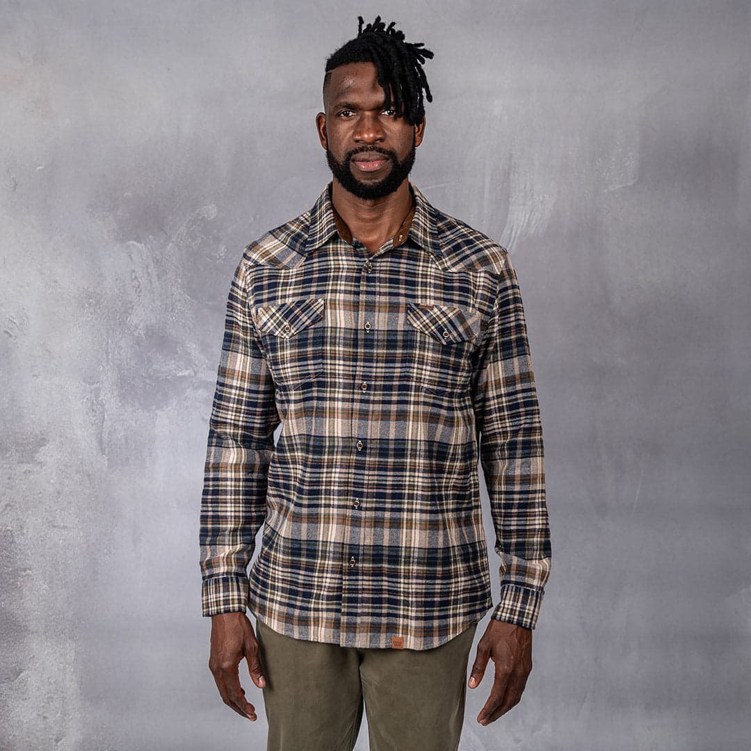 Drill Flannel Long Sleeve Shirt Navy & Green Check