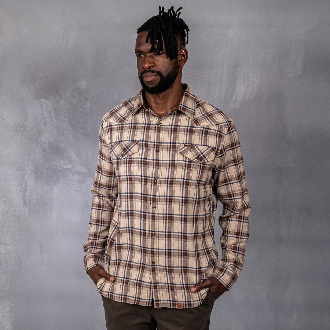 Drill Flannel Long Sleeve Shirt Stone & Brown Check