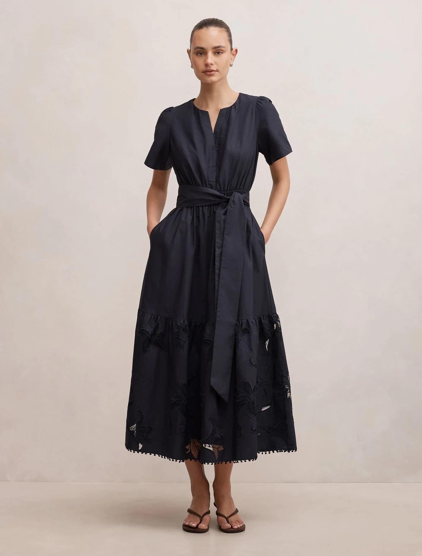 Matilda Embroidered Tie Midi Dress