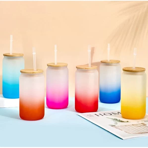 Frosted Glass Drinking Can Bottle 480ml Color Gradient with Bamboo Lid & Borosilicate Straw