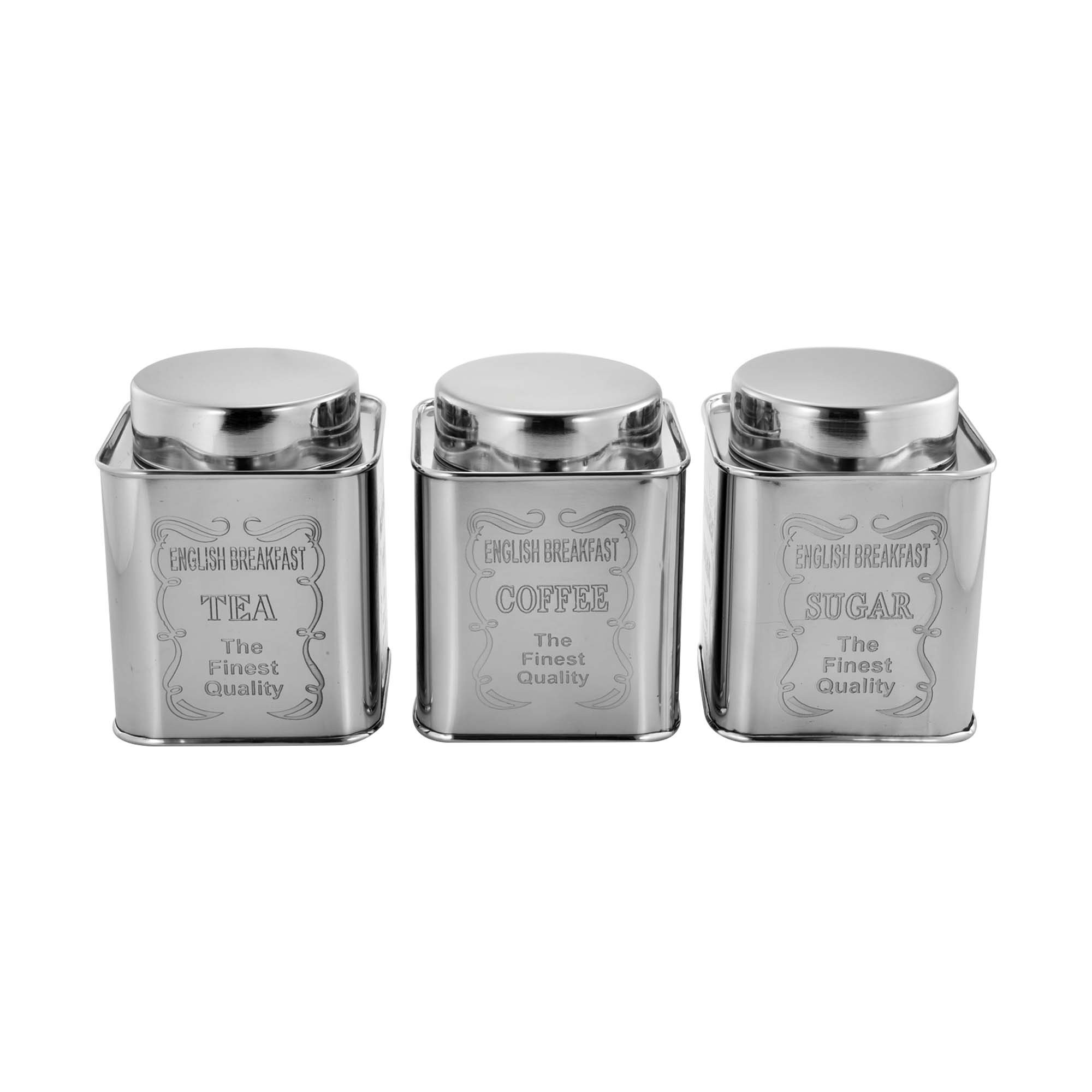 Storage Canister Tin Tea-Coffee-Sugar Set - Silver with Stainless Steel Lid 3pc