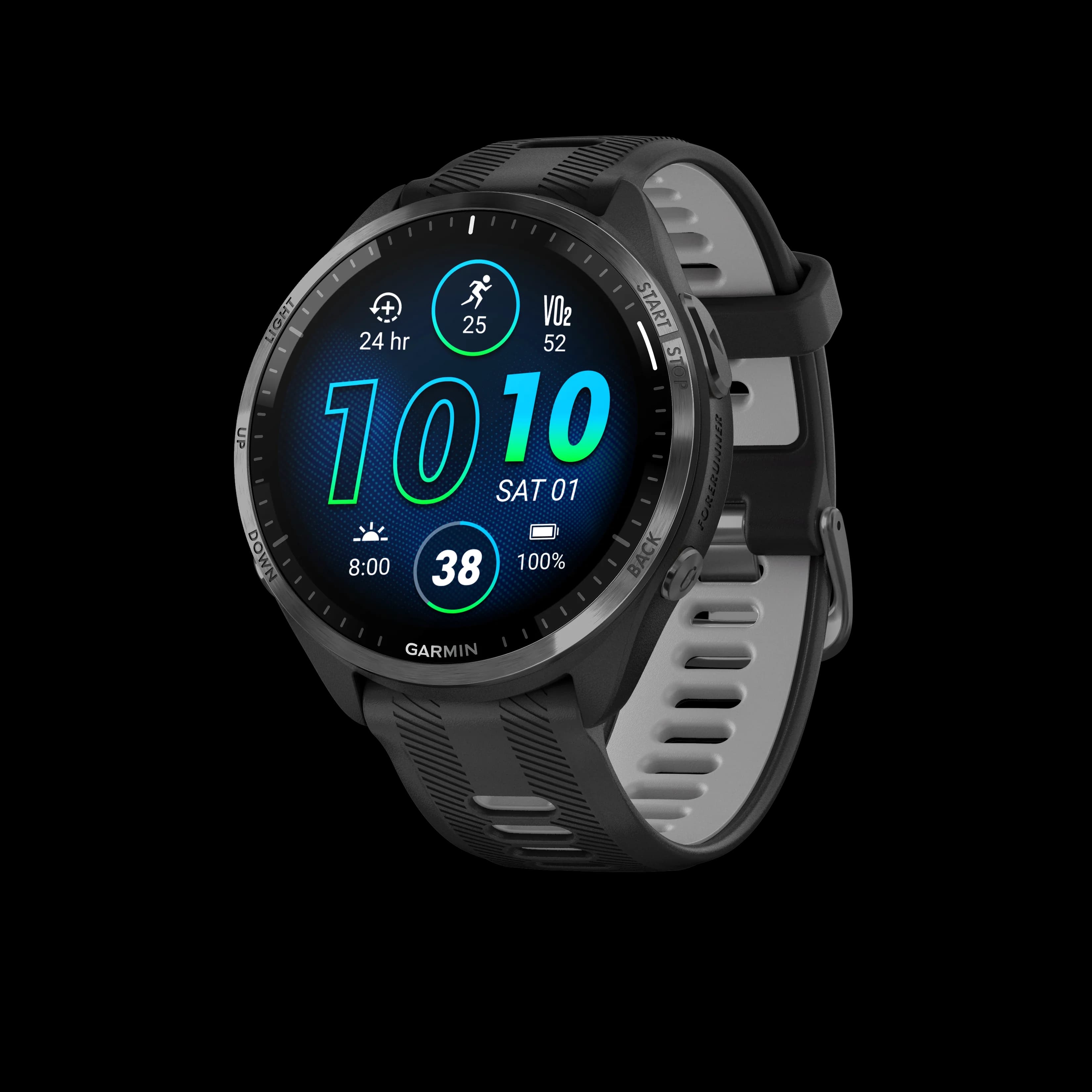 Garmin Forerunner® 965 Carbon Gray DLC Titanium Bezel with Black Case and Black/Powder Gray Silicone Band