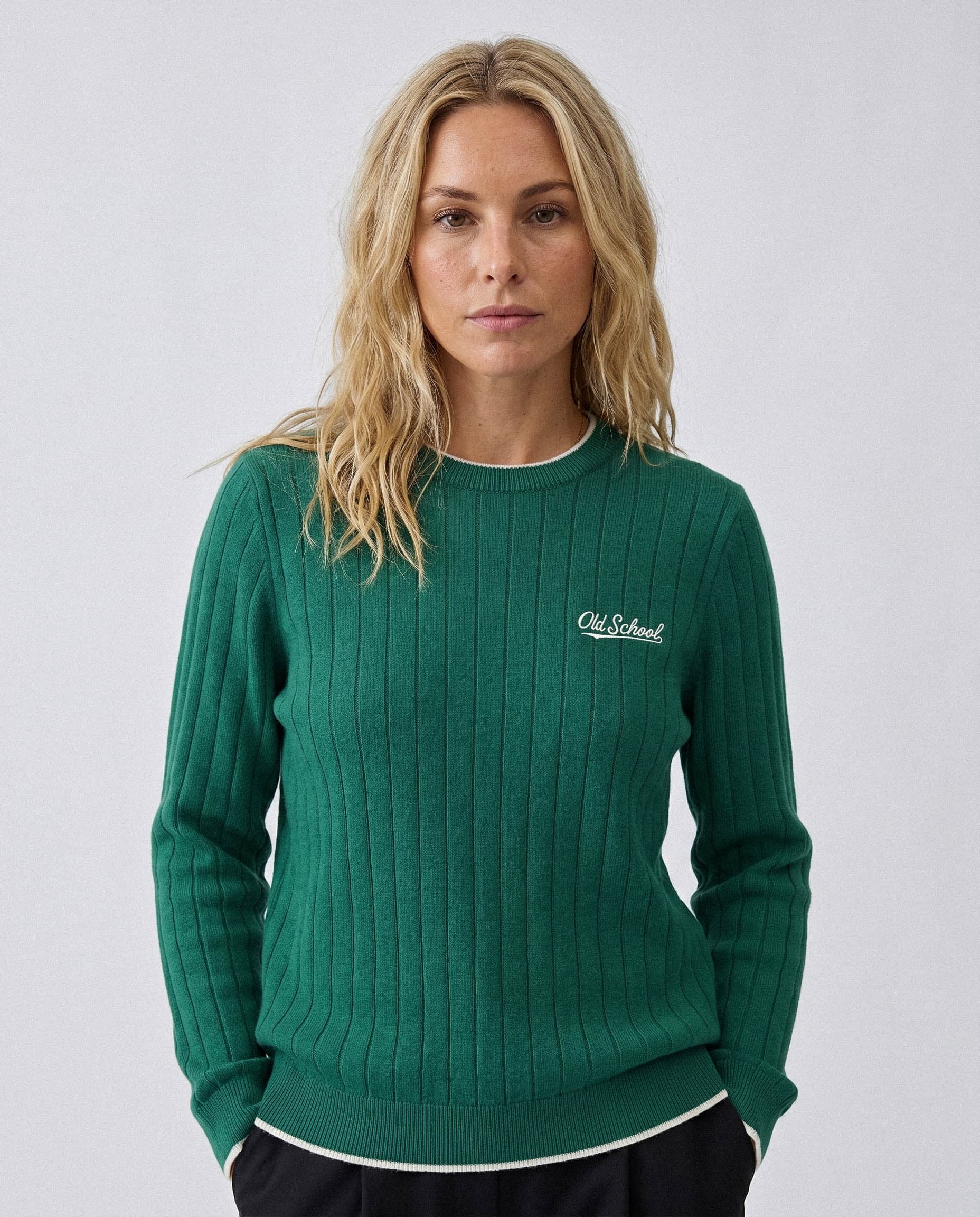 Old School Leisure Ribbed LS Crew Knit Green