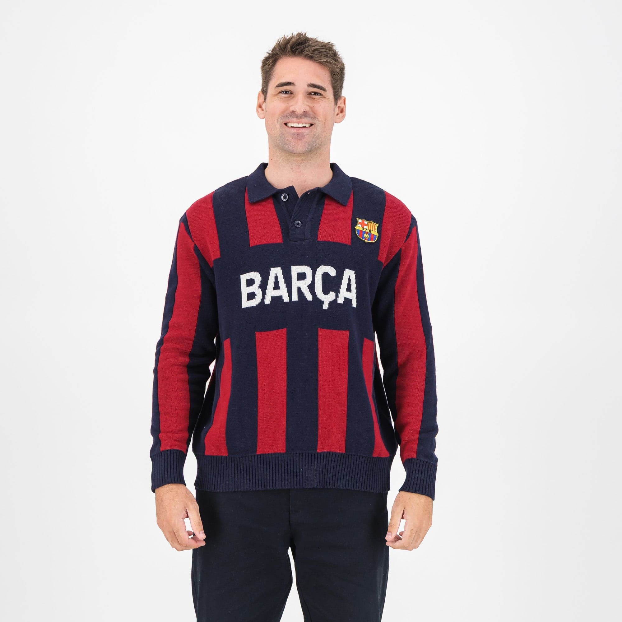 Barcelona FC Stripe 2 Button Long Sleeve Knit Polo Navy