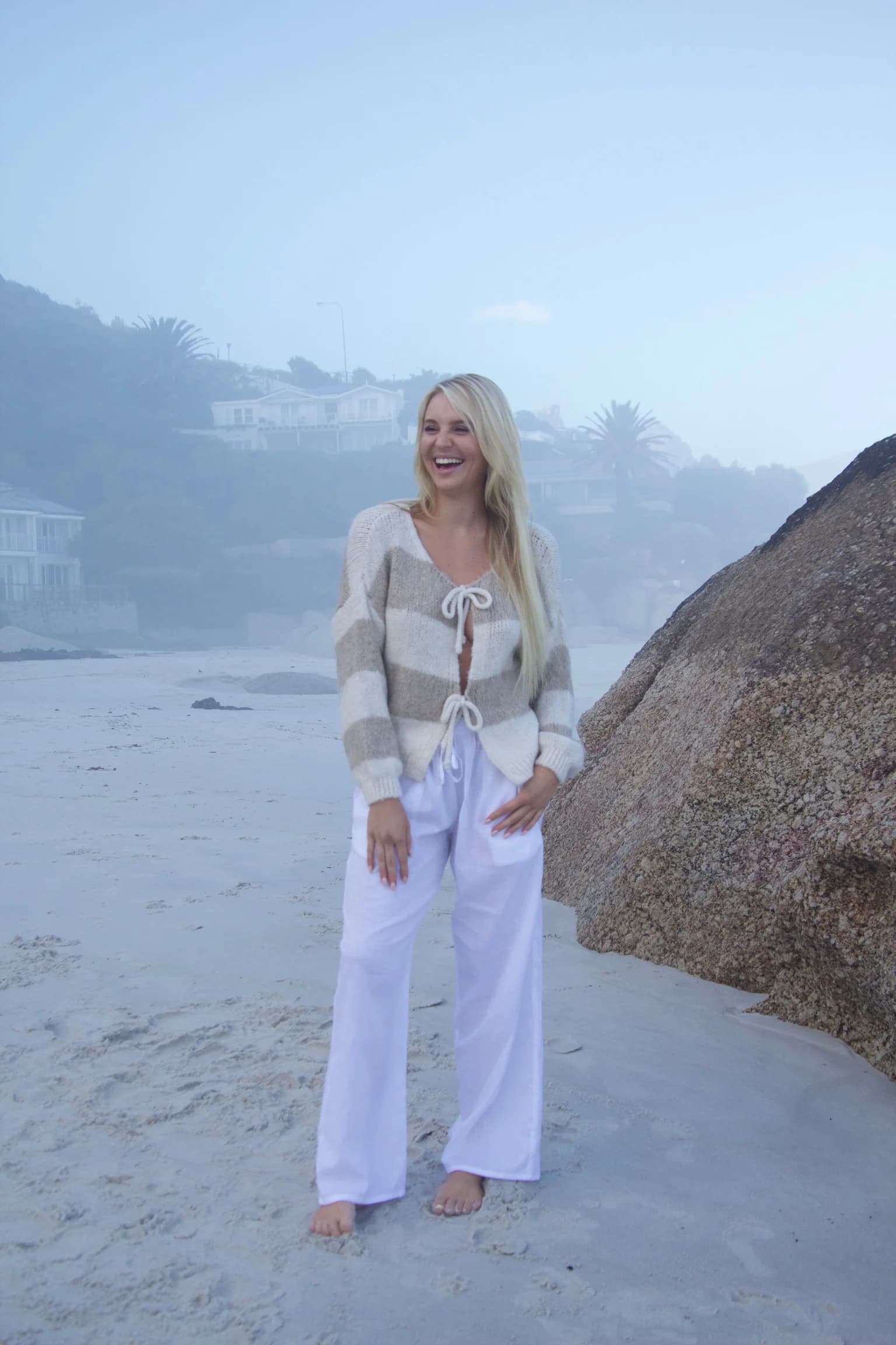 Jenny Striped Tie Cardigan - Stone