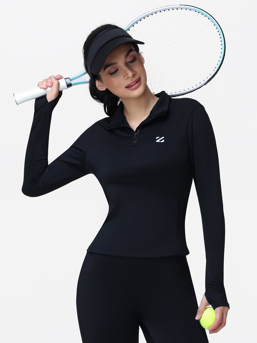 Long Sleeve Workout Top for Women with Half Zip and Thumb Holes
