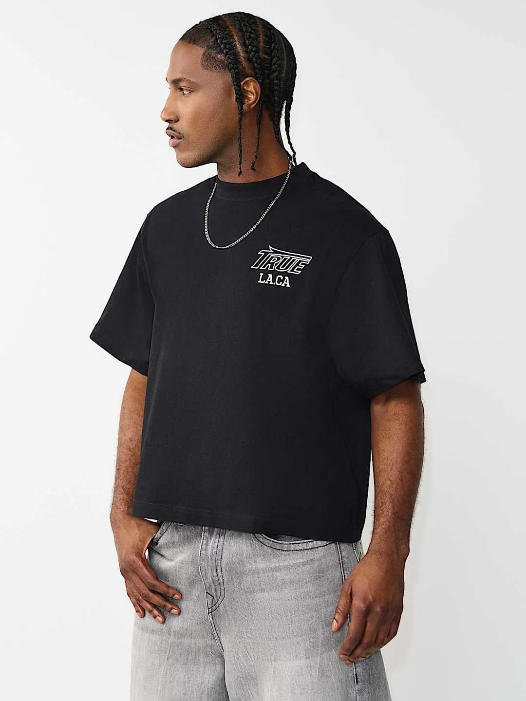 True Religion T-Shirt Ss Print Mesh Stacked Logo Jet Black