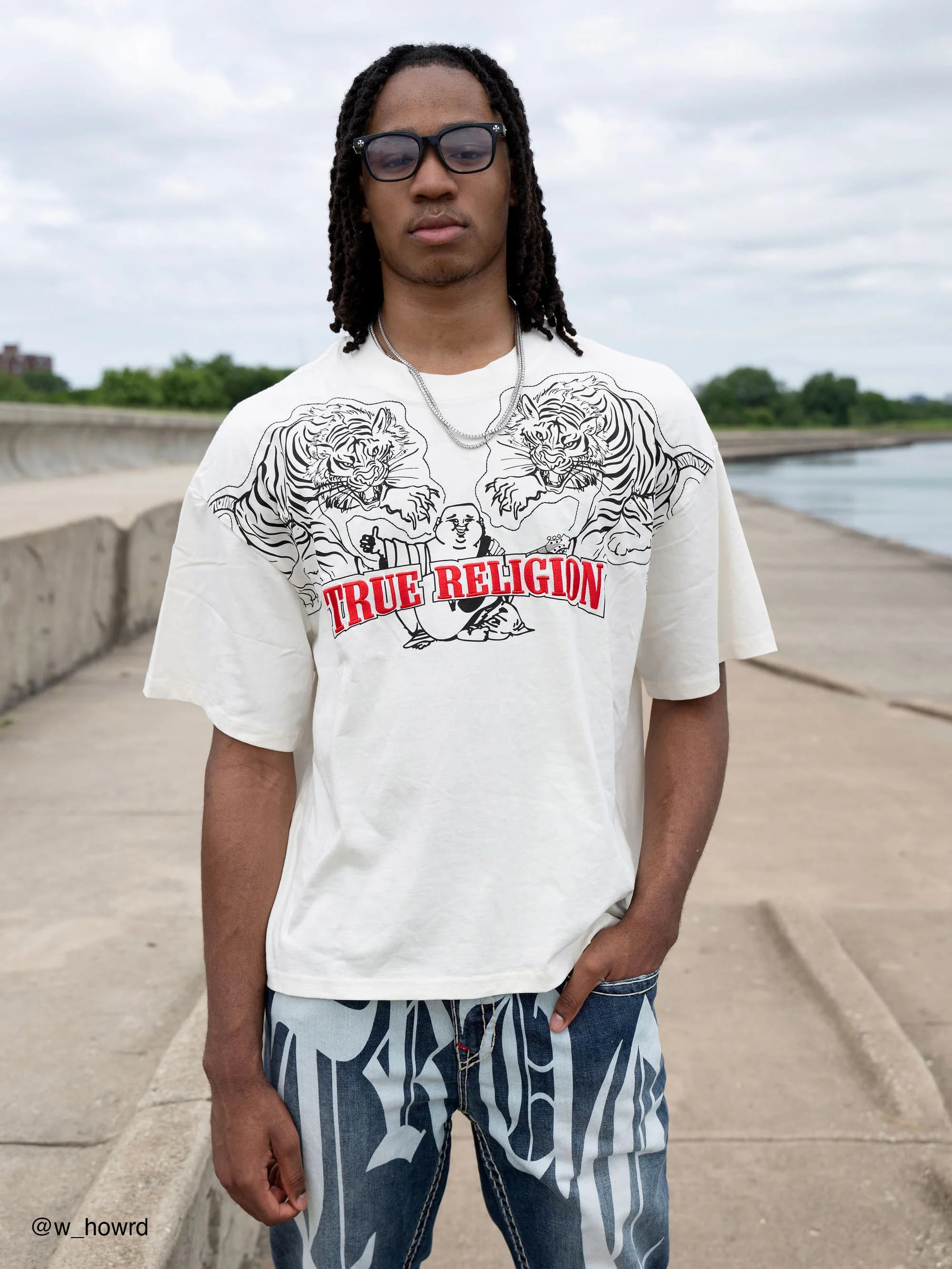 True Religion T-Shirt Ss Tiger Logo Oversized Winter White
