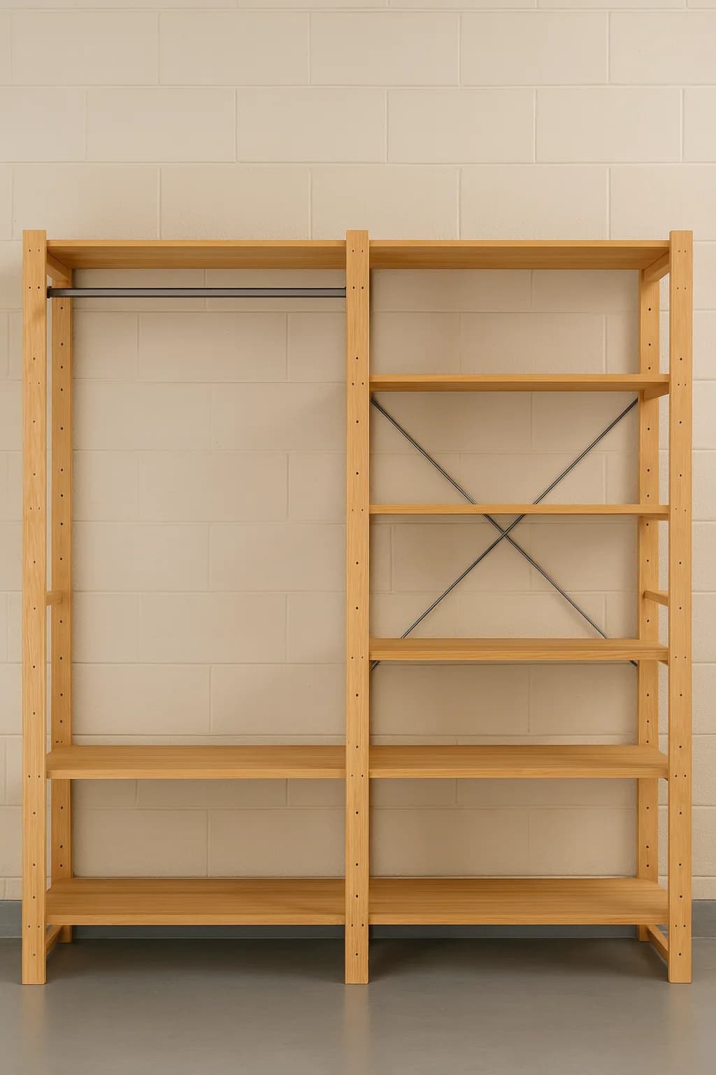 2 Bay 12 Level Pine Wooden Modular DIY Wardrobe Hanging Rail Shelf