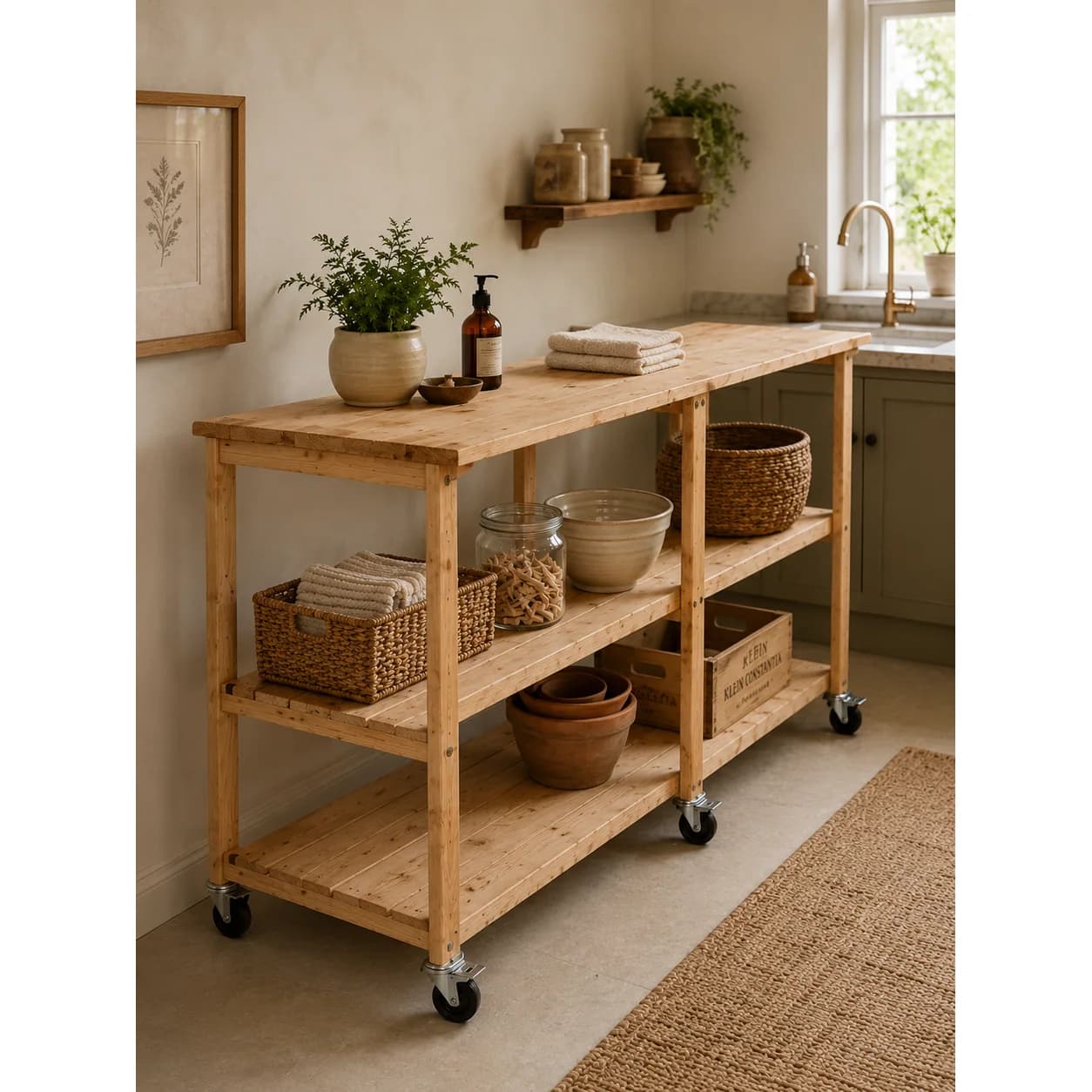 Mobile Wooden Work Bench on Wheels – Solid Pine Top, 2 Bays | 1835mm W × 610mm D × 700 or 950mm H