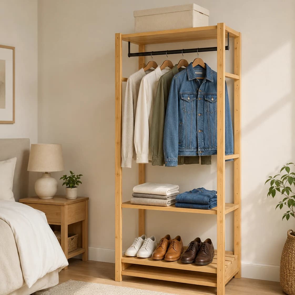 1 Bay Open Pine Wardrobe – Shelves + Rails | 924mm W × 300–600mm D × 1800–2700mm H