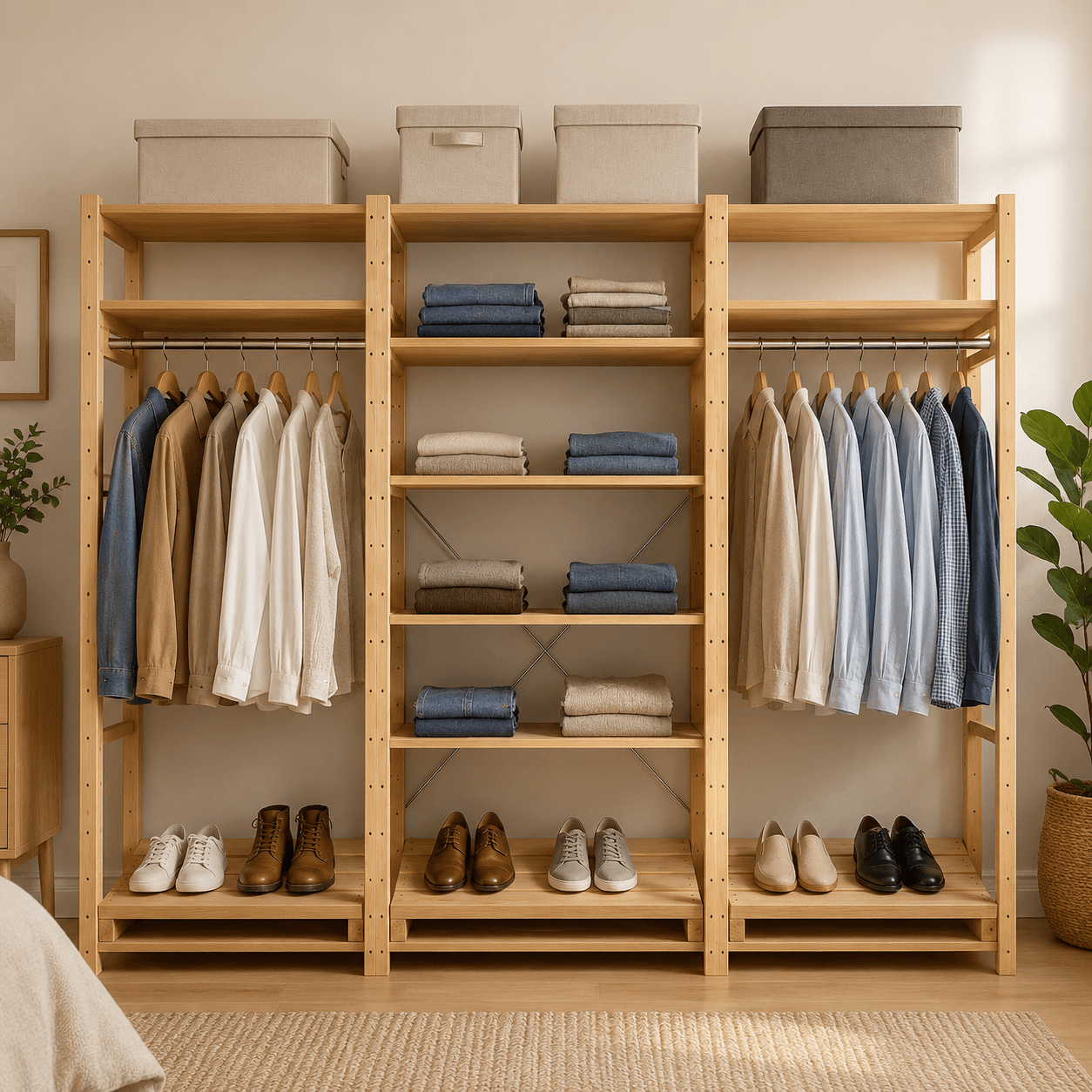 🧥 Premium Modular Wardrobe + Shelving Unit – 2.1 m High × 2736 mm Wide | 16 Levels + 2 Hanging Rails with three FREE angled shoe shelves.