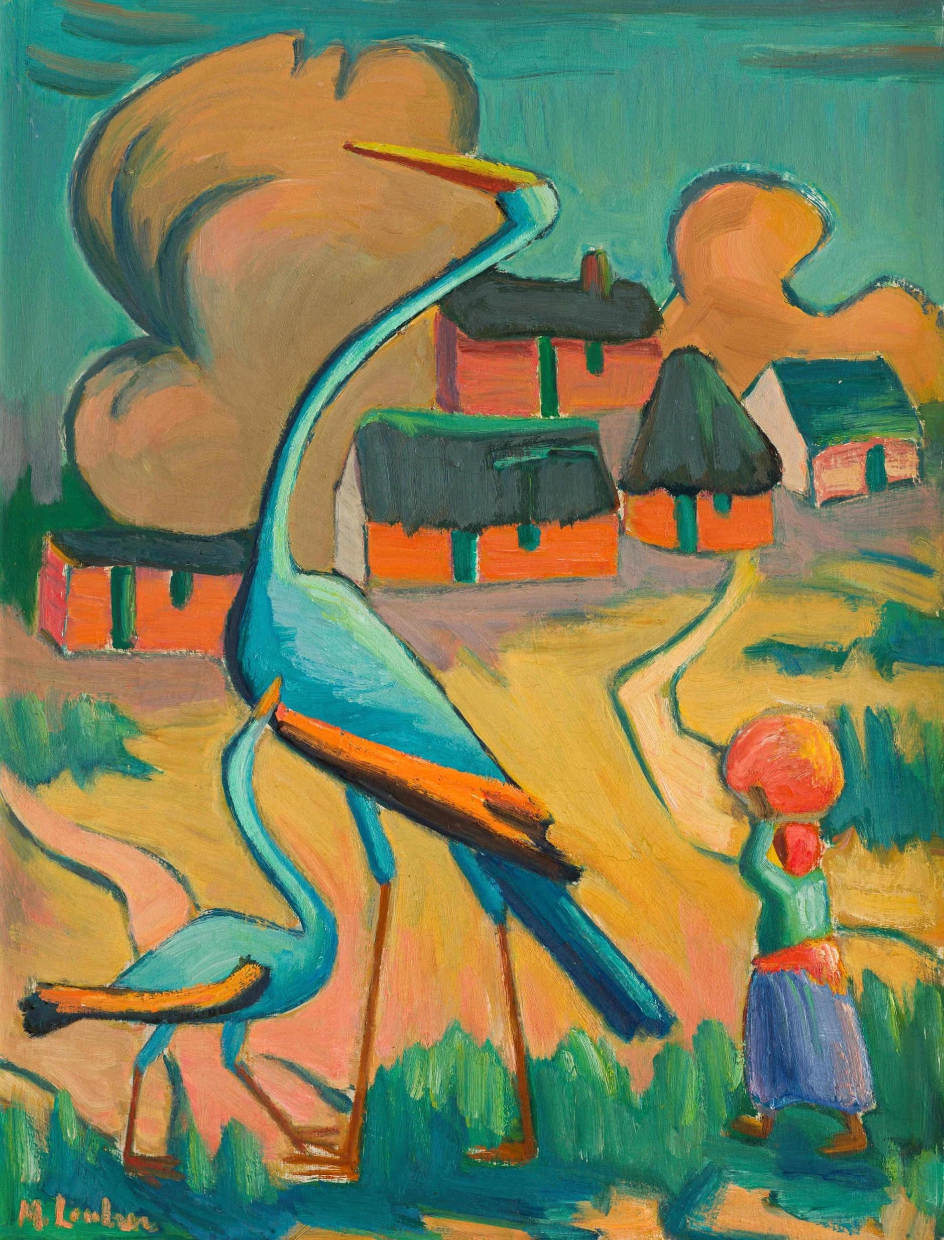 Maggie Laubser: Birds in a Landscape with Figure and Huts (Blou Voëls)