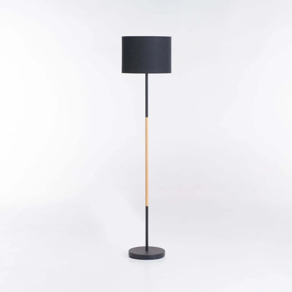 FLOOR LAMP BLACK+WOOD BLACK FABRIC SHADE 150cm H