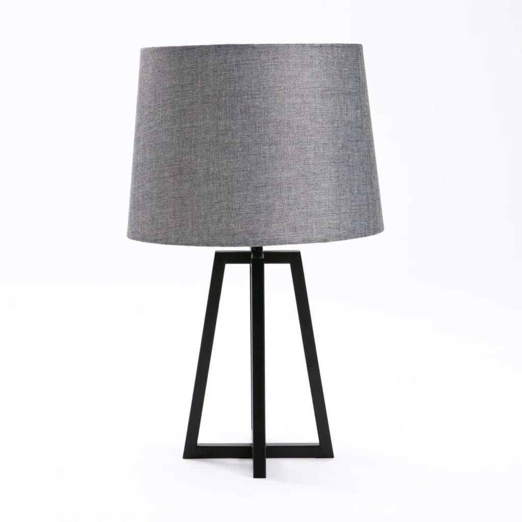 TABLE LAMP BLACK METAL BASE GREY FABRIC SHADE