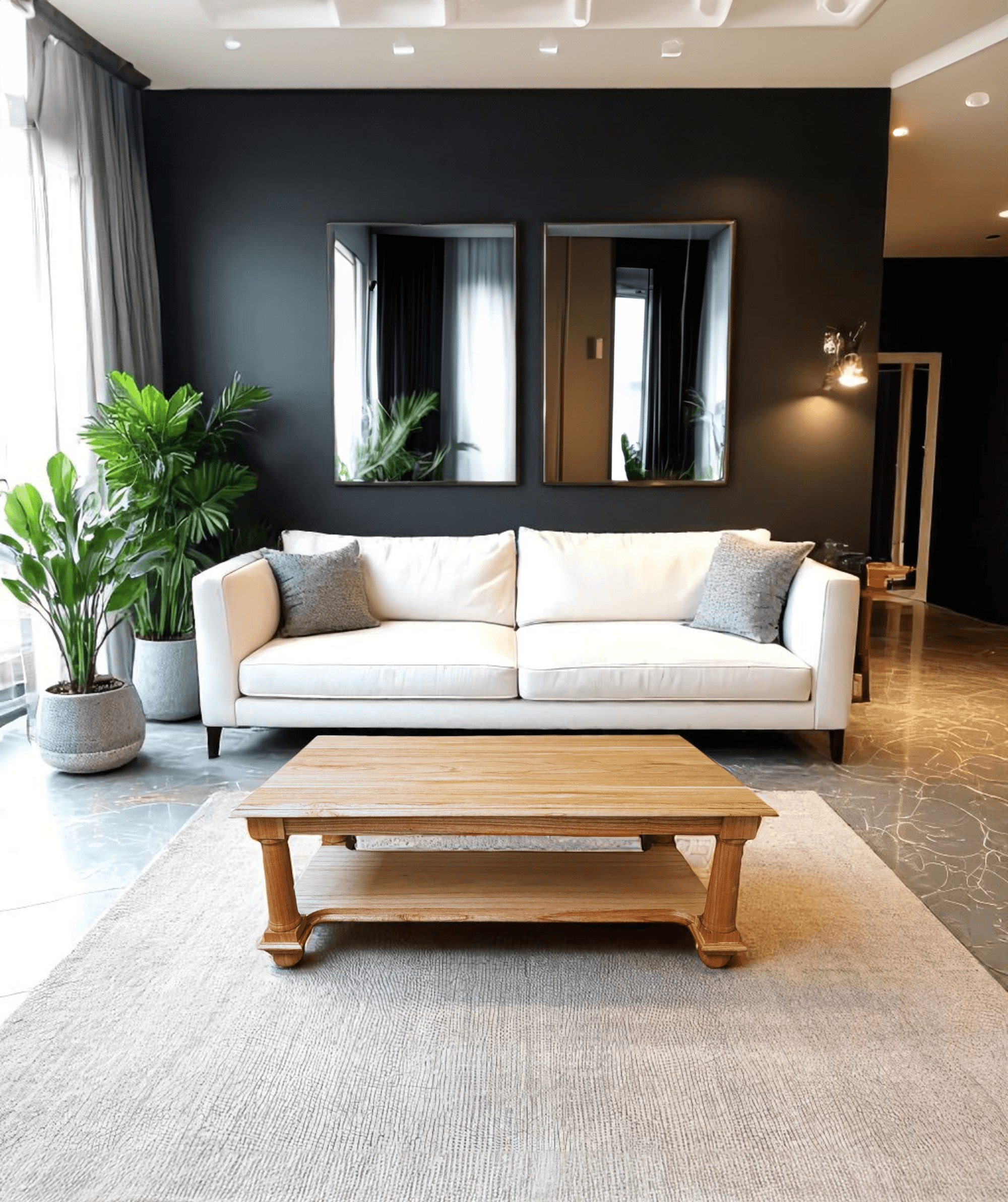 Post Coffee Table | Natural Finish, made from stained teak wood with bottom storage